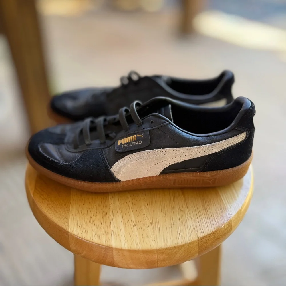Puma Palermo Black &‎ White Leather Sneakers with Gum Sole
